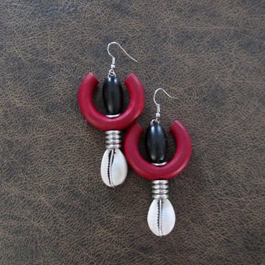 Bold chunky cowrie shell and red wooden earrings 2 