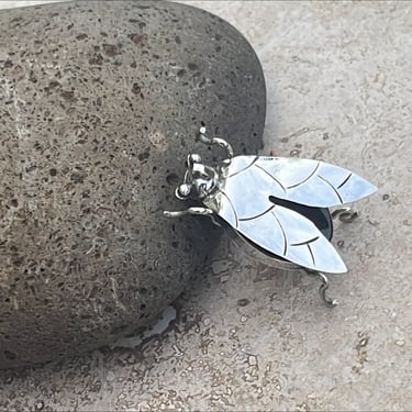 Vintage Mexican Sterling and Black Onyx Stone Winged Bug / Beetle / Insect / Fly Pin Brooch c. 1940's 