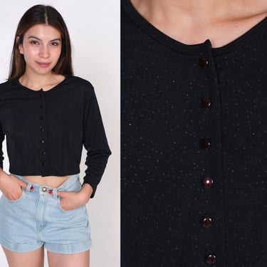 Black Sparkly Shirt Y2k Button Up Crop Top Glittery Party Cardigan Long Sleeve Cropped Blouse Retro Sparkle Glitter Vintage 00s Medium 