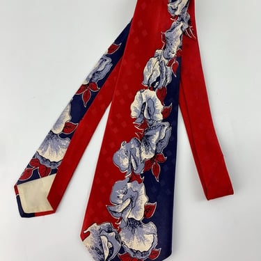 1940's-50's Jacquard Printed Tie - Sweet Peas Flowers - Deep Red with Navy, Blue & White 