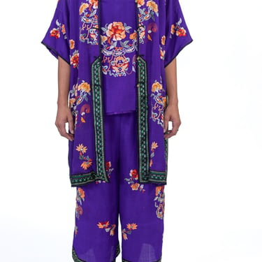 1920S Purple Hand Embroidered Silk 3-Piece Chinese Lounge Pajamas 