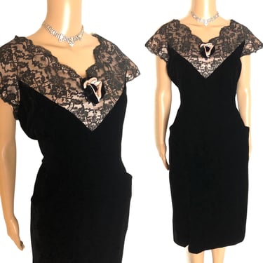 Vintage 1950's Black Velvet and Pink Acetate Nude Illusion Neckline Cocktail Party Dress by Ann Kauffman - size Large XL 