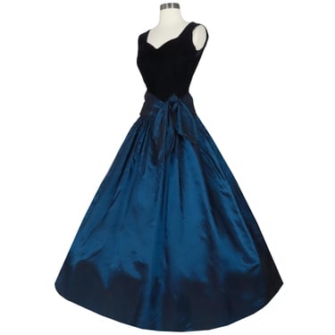 Vintage 80s 90s Navy Velvet Taffeta Full Skirt Long Maxi Prom Gown Party Dress S Small Costume HoCo Homecoming Dance Gala Sleeveless 