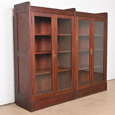 Antique Stickley Style Arts and Crafts Solid Mahogany Double Bookcase, Circa 1920s