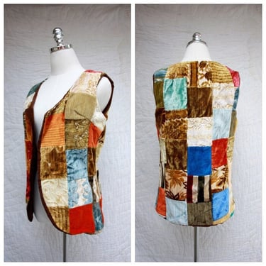 60s Velour Patchwork Vest Mod Hippie Multicolor Size S 