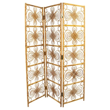 French Three-Panel Bamboo Wicker Rattan Folding Screen Room Divider, 1960s