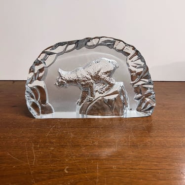 Vintage Swedish Crystal Art Glass Paperweight Book End Mountain Lion Wolf 