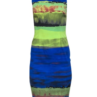 Karen Millen - Multicolor Paint Brush Stroke Midi Dress w/ Mesh Sz 6