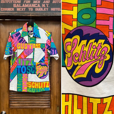 Vintage 1960’s Schlitz Gusto Pop Art Mod Tiki Cotton Hawaiian Shirt, 60’s Vintage Clothing 