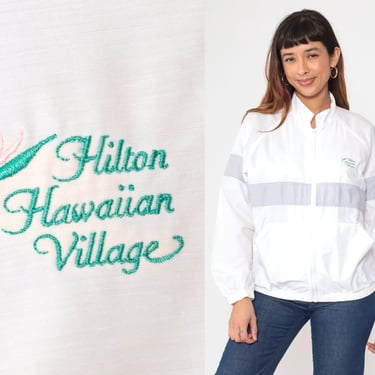 Hilton Hawaiian Village Windbreaker 80s White Zip Up Jacket Waikiki Beach Resort Spring Jacket Striped Warmup Retro Vintage 1980s Medium 