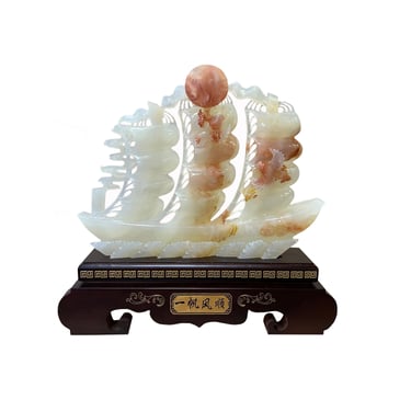Chinese White Jade Stone Flags Ship Vessel Fengshui Display Figure ws2835E 