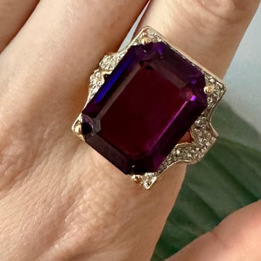 80s Dark Purple Crystal &amp; Crystal Pave 18K Gold Plate Cocktail Ring Size 7.75