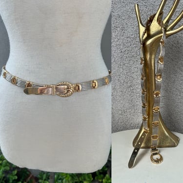 Vintage glam buckle metal belt silver gold tones fits 30-33” 