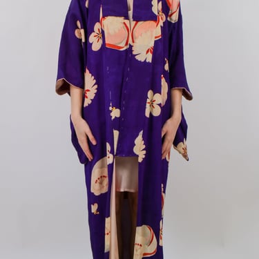 1960s Purple and Orange Floral Silk Kimono