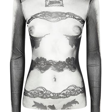 Jean Paul Gaultier Women Mesh Long Sleeve Top Printed "Body Lace Mariniere"