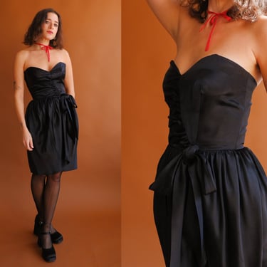 Vintage 80s Strapless Black Satin Party Dress/ Size XS 25 