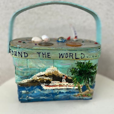 Vintage Wounded Bird box wood basket handbag purse handmade by Maxal York theme Around the World All that jazz size 9” x 6.5” x 5” 