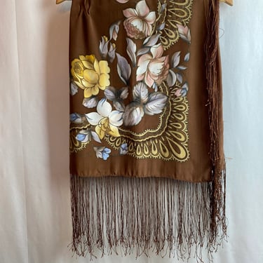 Beautiful large vintage silk shawl painted floral design long fringed Piano shawl medium brown pastel painterly flowers 