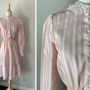 Vintage 1970s Pink Pinstripe Lace Collar Secretary Dress | Size Small 