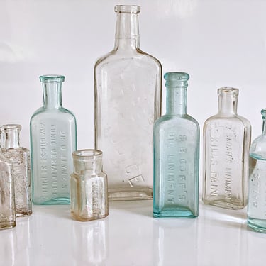 8 Vintage apothecary bottles, Antique pharmacy medicine bottles, Boho home shelf decor, Upcycled decorative glass bottle vase collection 