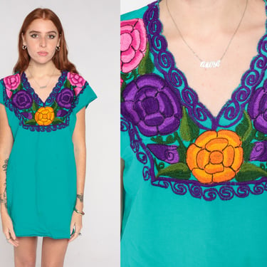 Mexican Embroidered Top Teal Green Floral Shirt Hippie Blouse Boho Shirt FESTIVAL Tunic V Neck Cap Sleeve Bohemian Vintage Small Medium 