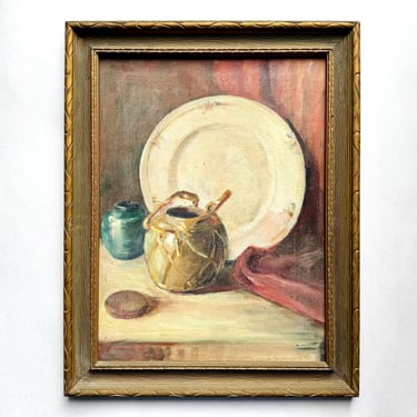 Antique Oil Painting Kitchen Crockery Still Life 1930s Art Deco Primitive Rustic 