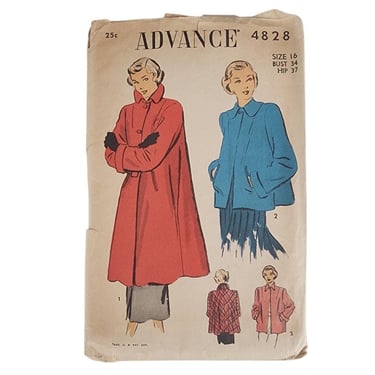 Vintage 40s Sewing Pattern ORIGINAL / Swing Coat & Swing Jacket Advance 4828 Bust34 