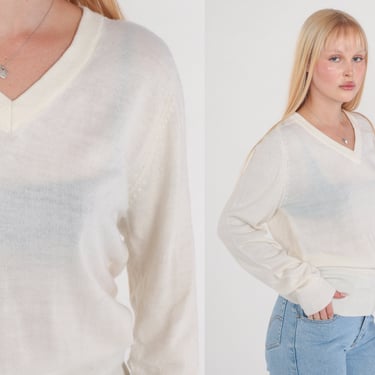 White Sweater 80s V Neck Knit Pullover Sweater Semi-Sheer Slouchy Plain Basic Simple V-Neck Knitwear Acrylic Spring Vintage 1980s Small S 