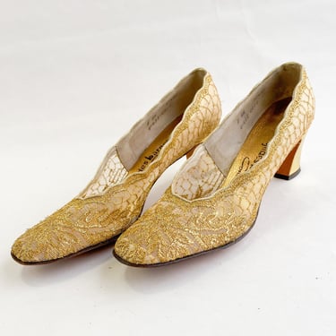 1960s Gold Lace Heels | 60s Gold Embroidery Lace Pumps | gudes barnett | US 8 EU 38-39 UK 6 