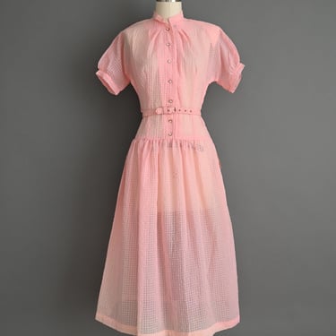 Vintage 1950s Dress | Bubblegum Pink Semi Sheer Short Sleeve Shirtwaist Dress | Medium 