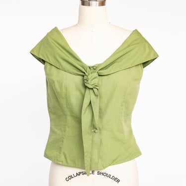 1950s Blouse Cropped Cotton Green Sleeveless Top S 