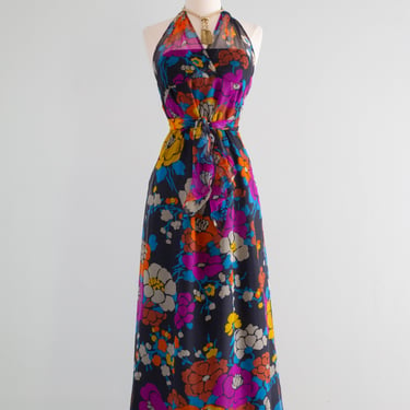 Rare 1970's Givenchy Silk Chiffon Floral Halter Dress Made in France / XS