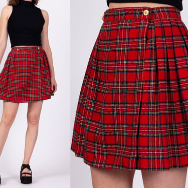 90s Red Plaid Mini Wrap Skirt - Small to Medium, 27" | Vintage High Waisted Preppy Schoolgirl Pleated Miniskirt 
