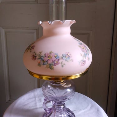 VINTAGE Lamp, Hand Painted Floral Hurricane Oil Lamp, GWT Style, Farmhouse Decor 