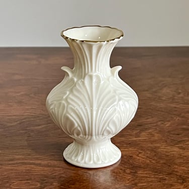 Vintage Lenox Bud Vase Classic Ivory Porcelain Vase w Leaf Pattern and Gold Trimming Made in USA 