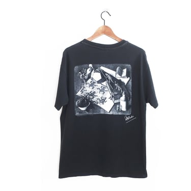 MC Escher shirt / art print shirt / 1990s MC Escher black cotton art print t shirt Andazia Large 