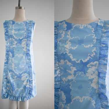 1960s Vanda/Key West Handprints Turquoise Floral Ruffled Shift Dress 