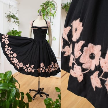 Vintage 1950s Sundress | 50s Mexican Pink Floral Embroidered Border Print Black Cotton Circle Skirt Pin Up Midi Day Dress | x-small 