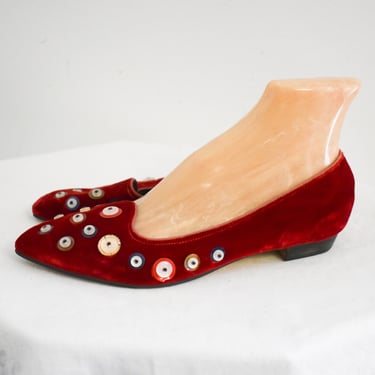 1950s/60s Dark Red Velvet Flats, Size 5 1/2M 