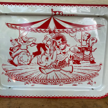 Vintage Lavada Child's TV Tray, Breakfast In Bed, Carousel Design, Elephant, Children, Red And White 