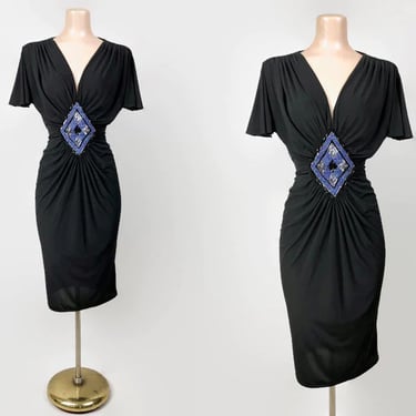 VINTAGE 80s Ruched Jersey Bombshell Party Dress with Beaded Waistline | 1980s Dramatic Ruched Art-Deco Cocktail Dress | VFG 