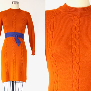 1960s Rust Orange Wool Cable Knit Sweater Dress - Vintage Long Sleeve Mock Neck Shift Dress - Small 