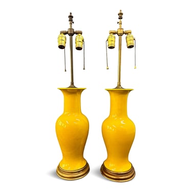 Pair Japanese Porcelain Lamp Vases Yellow Ceramic Monochrome Vintage 1960s