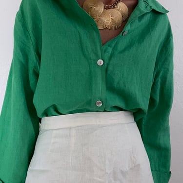 kelly green linen blend button down womens large 