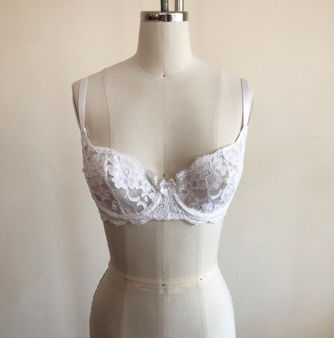 White Lace Underwire Bra with Shoulder Pads - 1980s, Logan's Clothing