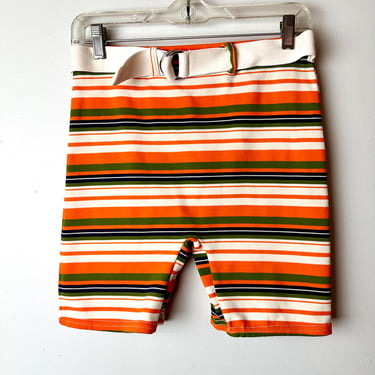 1960’s ultra Mod Men’s swim trunks~ striped orange green white stripes~ belt~ Retro costume snug fit~ 60’s Catalina brand~ size 34- 36 