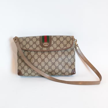 1980s GUCCI Supreme Crossbody GG Web Stripe Canvas and Leather Bag Accessory Collection Monogram Logo Vintage Shoulder Beige Green Red 