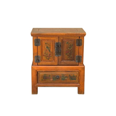 Chinese Distressed Orange Flower Graphic End Table Nightstand ws3592E 