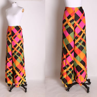 1960s Geometric Green Orange Pink and Black High Waisted Palazzo Wrap Pants -S-L 