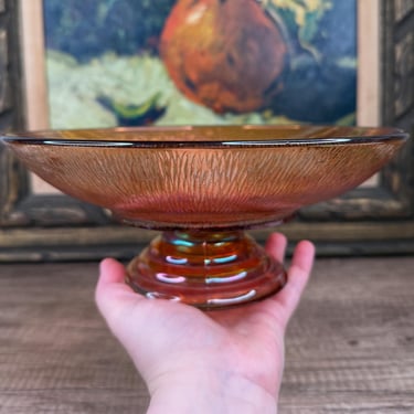 Jeanette Carnival Glass Pedestal Bowl with Tree Bark Pattern in Gleaming Colors 